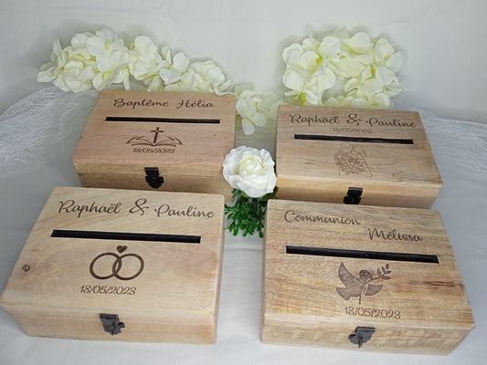 Urnes en  bois personnalisées avec quatre choix de gravure - Pour un souvenir unique de votre événement spécial mariage , communion , baptême ,fête